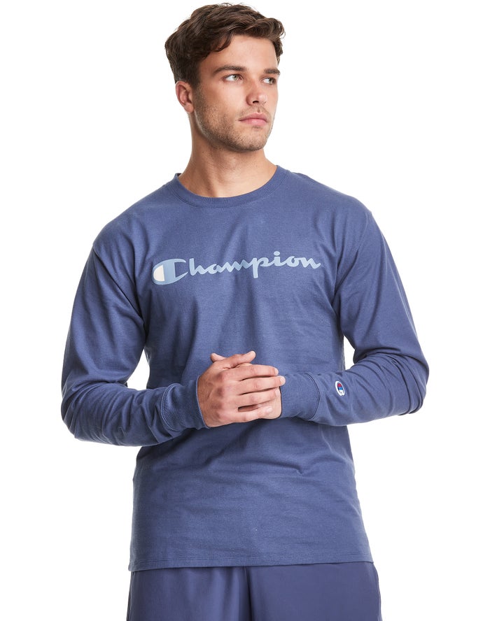 Champion Classic Long-Sleeve Script Logo T-Shirt Heren - Blauw - Belgie 6754NIMTR